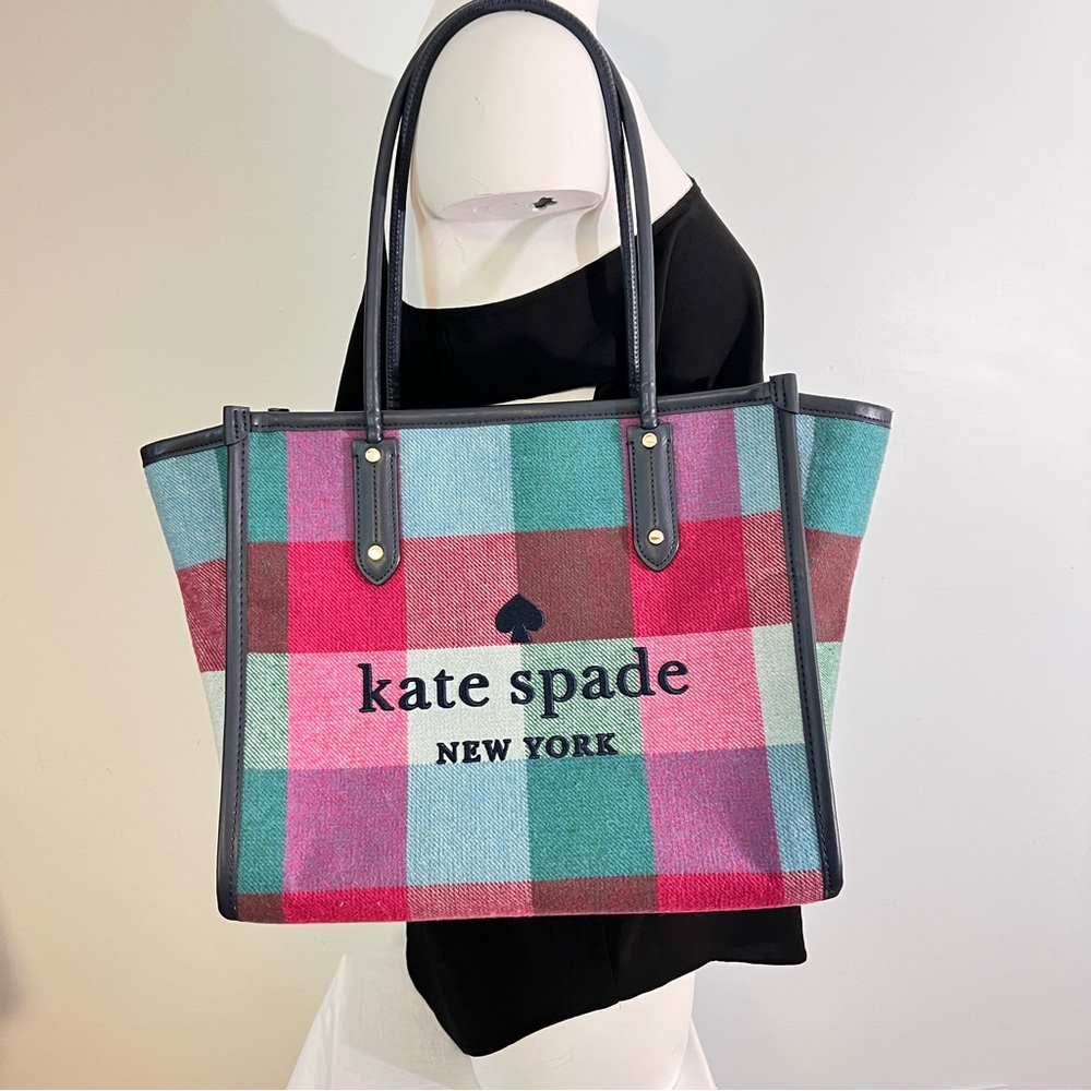 Kate Spade Ella Tote Pink & Green Handbag with Structured Design in Pretty Plaid - Picture 10 of 11